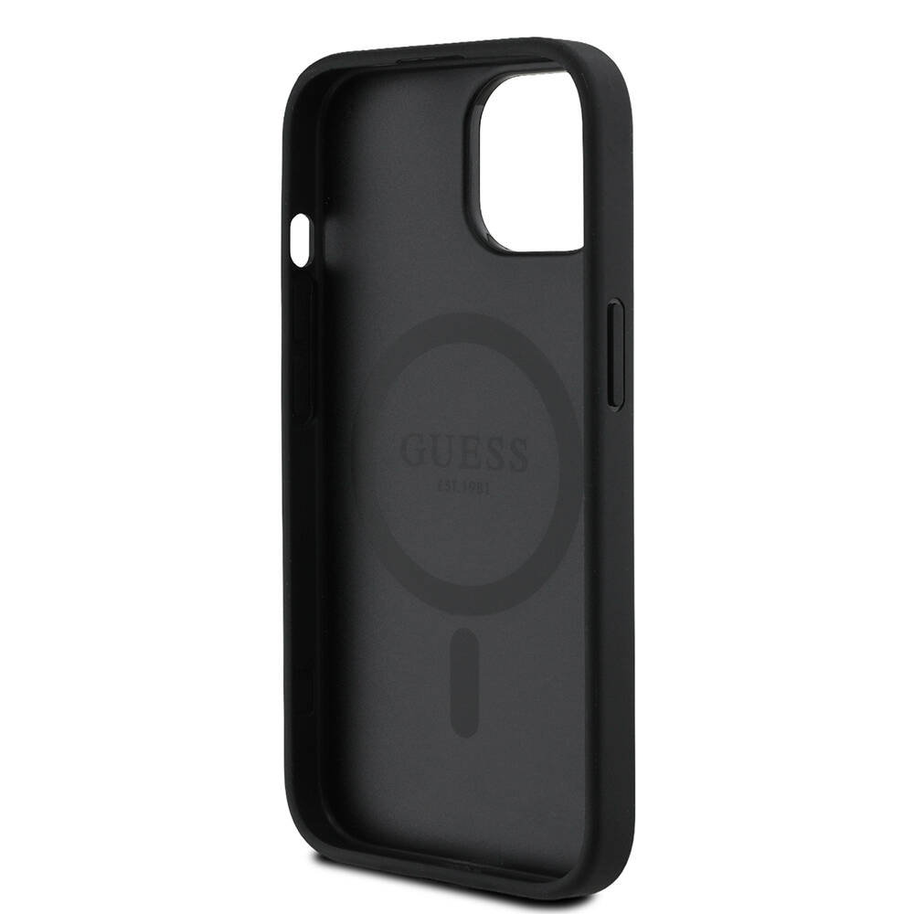 Apple iPhone 15 Kılıf Guess Orjinal Lisanslı M-safe Şarj Özellikli Sıcak Baskılı Üçgen Logolu PU Deri Peony Kapak - 16