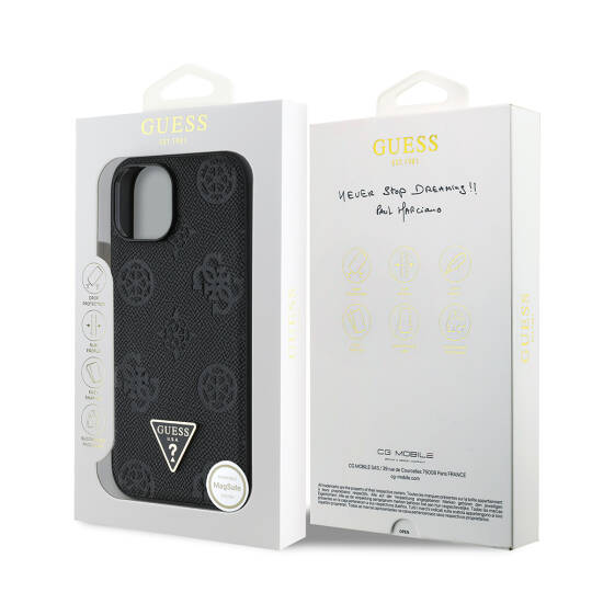 Apple iPhone 15 Kılıf Guess Orjinal Lisanslı M-safe Şarj Özellikli Sıcak Baskılı Üçgen Logolu PU Deri Peony Kapak - 17