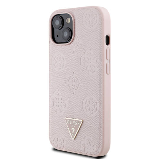 Apple iPhone 15 Kılıf Guess Orjinal Lisanslı M-safe Şarj Özellikli Sıcak Baskılı Üçgen Logolu PU Deri Peony Kapak - 18