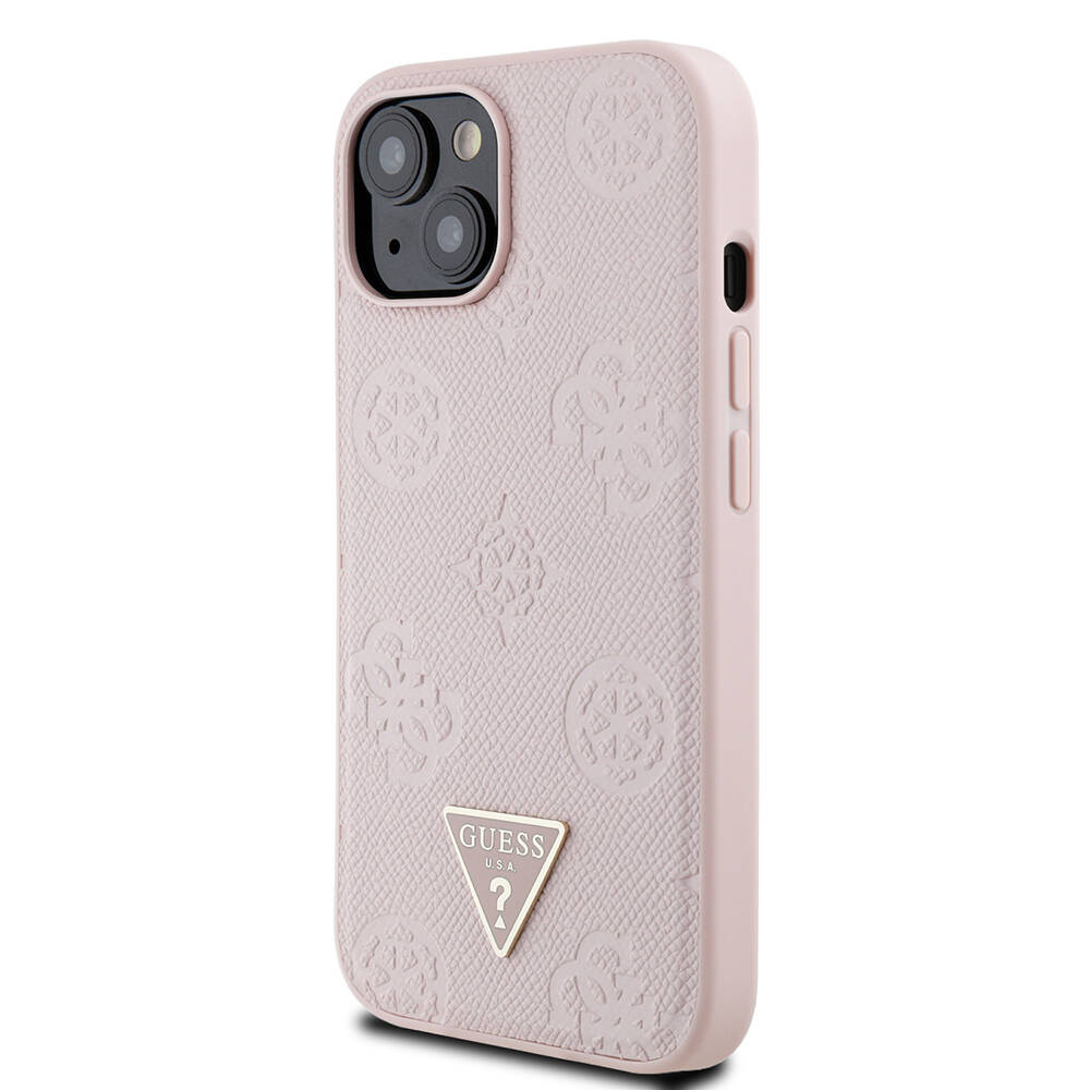 Apple iPhone 15 Kılıf Guess Orjinal Lisanslı M-safe Şarj Özellikli Sıcak Baskılı Üçgen Logolu PU Deri Peony Kapak - 18