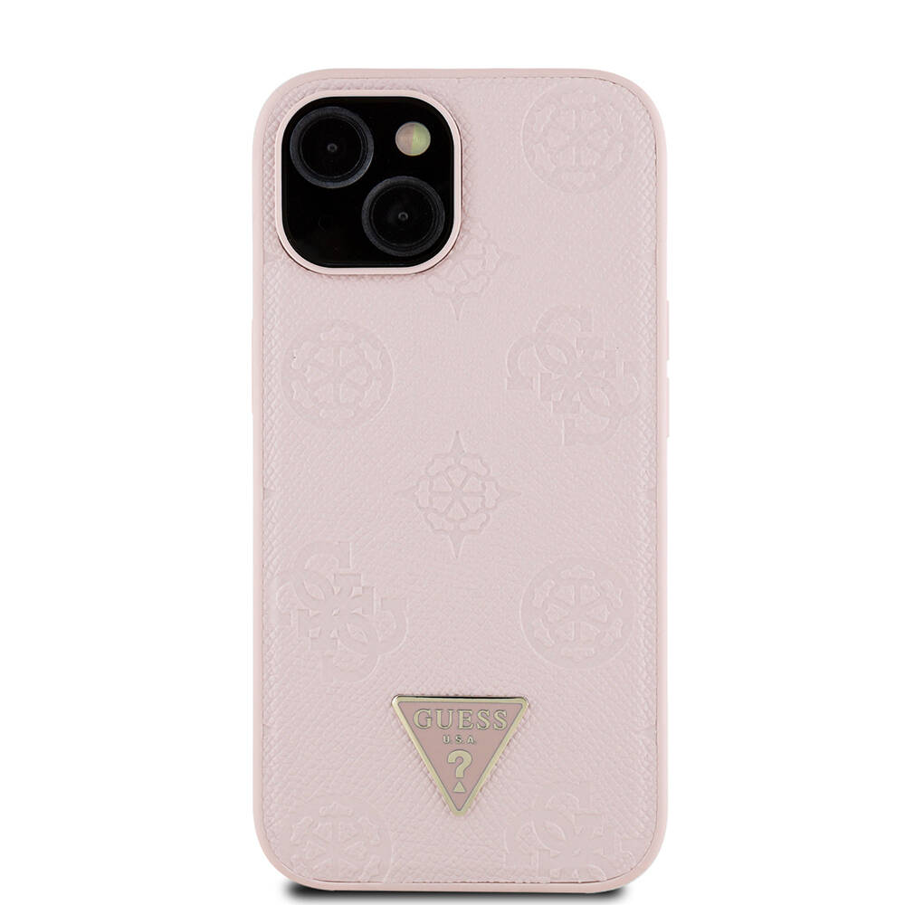 Apple iPhone 15 Kılıf Guess Orjinal Lisanslı M-safe Şarj Özellikli Sıcak Baskılı Üçgen Logolu PU Deri Peony Kapak - 19