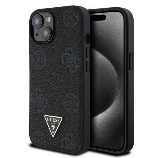 Apple iPhone 15 Kılıf Guess Orjinal Lisanslı M-safe Şarj Özellikli Sıcak Baskılı Üçgen Logolu PU Deri Peony Kapak - 2