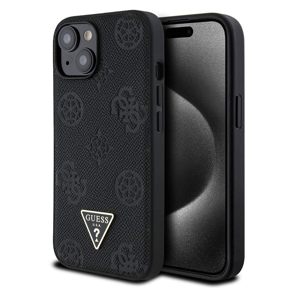 Apple iPhone 15 Kılıf Guess Orjinal Lisanslı M-safe Şarj Özellikli Sıcak Baskılı Üçgen Logolu PU Deri Peony Kapak - 2