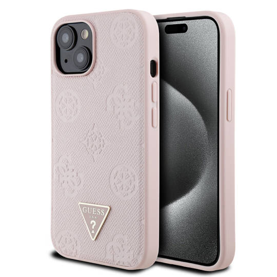 Apple iPhone 15 Kılıf Guess Orjinal Lisanslı M-safe Şarj Özellikli Sıcak Baskılı Üçgen Logolu PU Deri Peony Kapak
