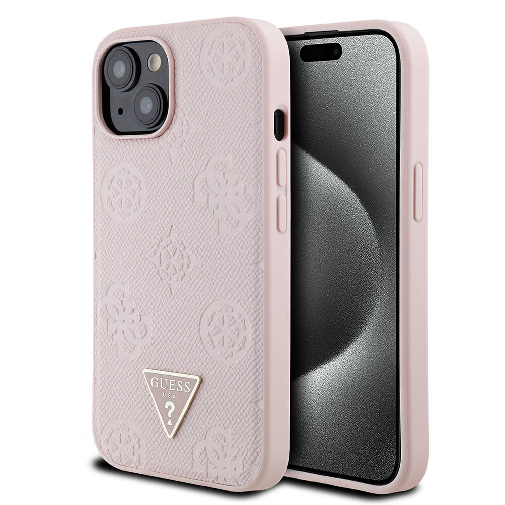 Apple iPhone 15 Kılıf Guess Orjinal Lisanslı M-safe Şarj Özellikli Sıcak Baskılı Üçgen Logolu PU Deri Peony Kapak - 1