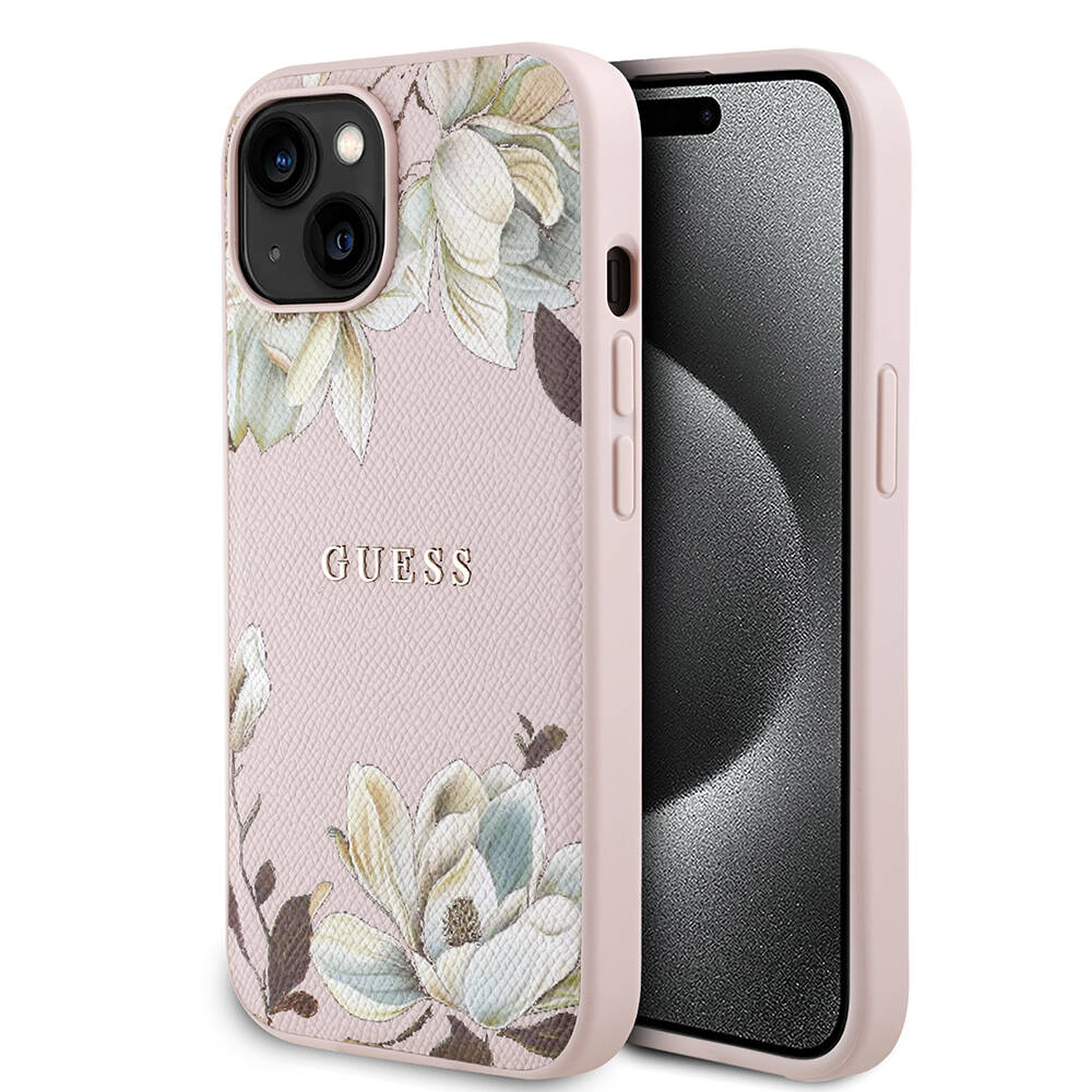 Apple iPhone 15 Kılıf Guess Orjinal Lisanslı M-safe Şarj Özellikli Taneli Çiçek Tasarımlı Metal Yazı Logolu Kapak - 3
