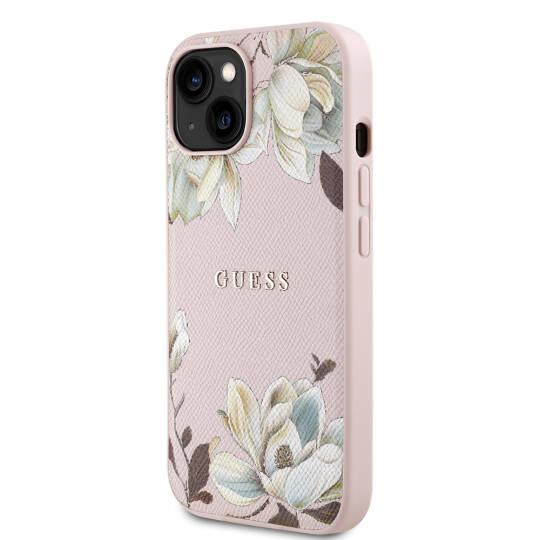 Apple iPhone 15 Kılıf Guess Orjinal Lisanslı M-safe Şarj Özellikli Taneli Çiçek Tasarımlı Metal Yazı Logolu Kapak - 4