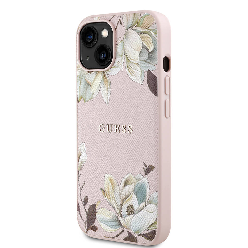 Apple iPhone 15 Kılıf Guess Orjinal Lisanslı M-safe Şarj Özellikli Taneli Çiçek Tasarımlı Metal Yazı Logolu Kapak - 4