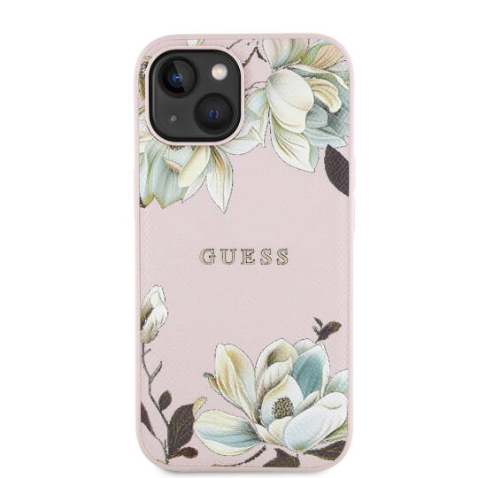 Apple iPhone 15 Kılıf Guess Orjinal Lisanslı M-safe Şarj Özellikli Taneli Çiçek Tasarımlı Metal Yazı Logolu Kapak - 5
