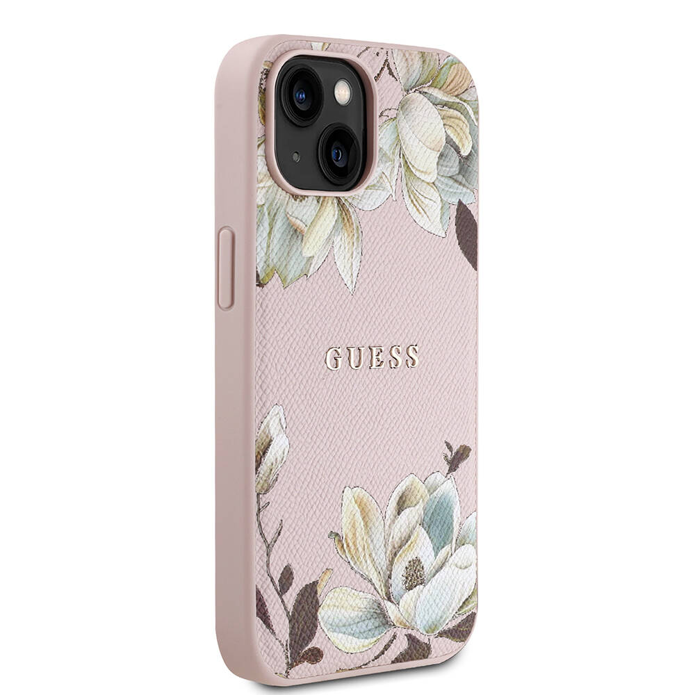 Apple iPhone 15 Kılıf Guess Orjinal Lisanslı M-safe Şarj Özellikli Taneli Çiçek Tasarımlı Metal Yazı Logolu Kapak - 6