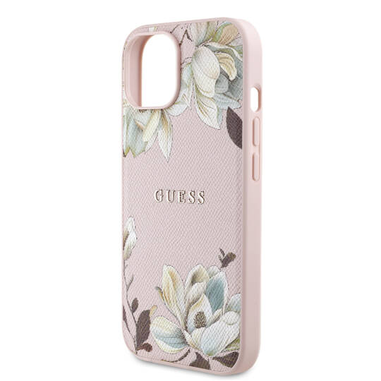 Apple iPhone 15 Kılıf Guess Orjinal Lisanslı M-safe Şarj Özellikli Taneli Çiçek Tasarımlı Metal Yazı Logolu Kapak - 8