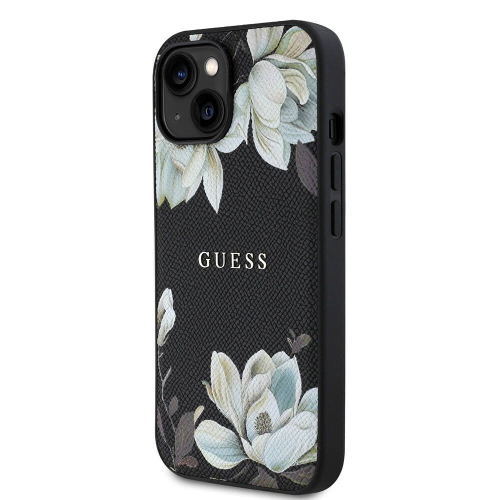 Apple iPhone 15 Kılıf Guess Orjinal Lisanslı M-safe Şarj Özellikli Taneli Çiçek Tasarımlı Metal Yazı Logolu Kapak - 11