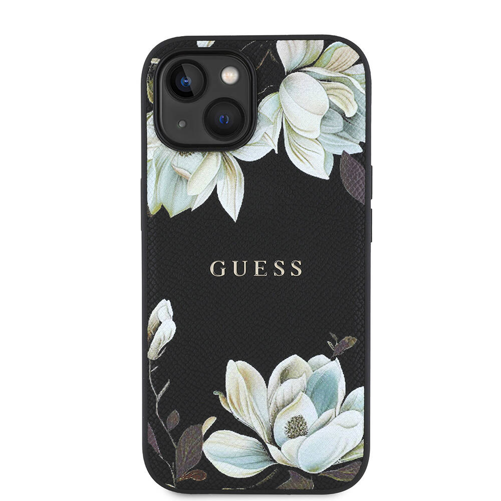 Apple iPhone 15 Kılıf Guess Orjinal Lisanslı M-safe Şarj Özellikli Taneli Çiçek Tasarımlı Metal Yazı Logolu Kapak - 12