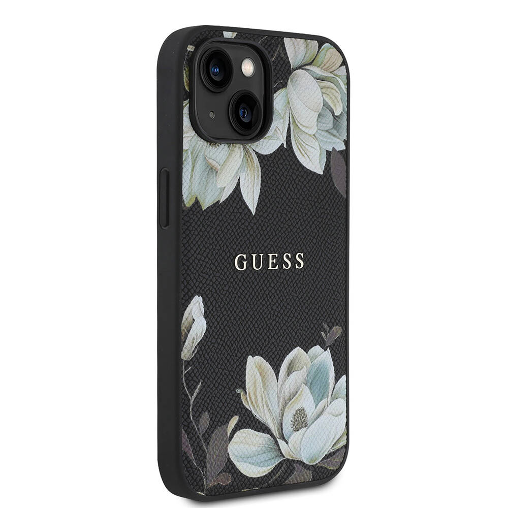Apple iPhone 15 Kılıf Guess Orjinal Lisanslı M-safe Şarj Özellikli Taneli Çiçek Tasarımlı Metal Yazı Logolu Kapak - 13