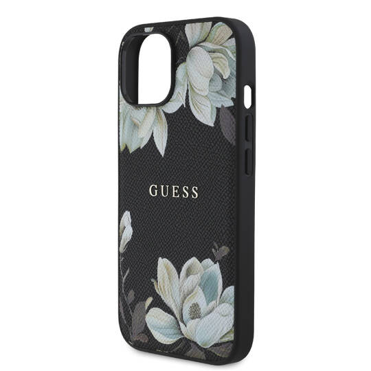 Apple iPhone 15 Kılıf Guess Orjinal Lisanslı M-safe Şarj Özellikli Taneli Çiçek Tasarımlı Metal Yazı Logolu Kapak - 15