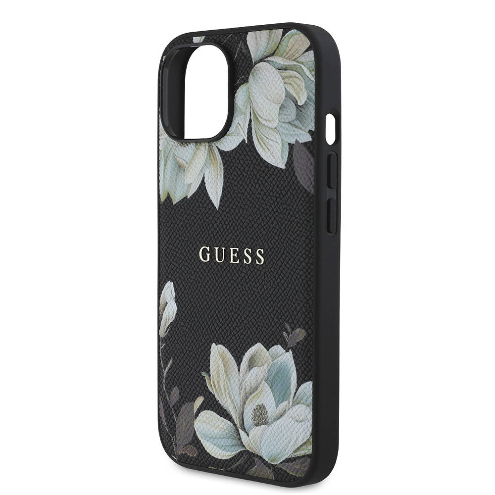 Apple iPhone 15 Kılıf Guess Orjinal Lisanslı M-safe Şarj Özellikli Taneli Çiçek Tasarımlı Metal Yazı Logolu Kapak - 15