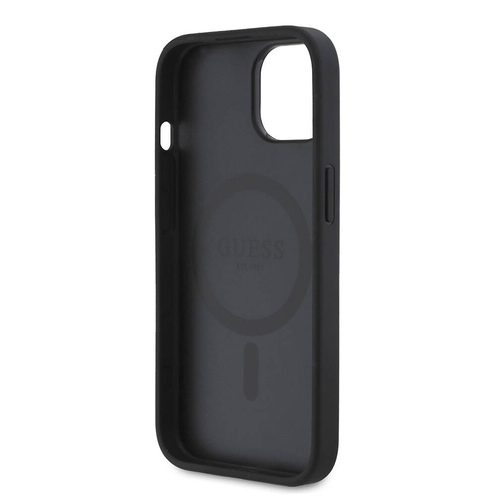 Apple iPhone 15 Kılıf Guess Orjinal Lisanslı M-safe Şarj Özellikli Taneli Çiçek Tasarımlı Metal Yazı Logolu Kapak - 16