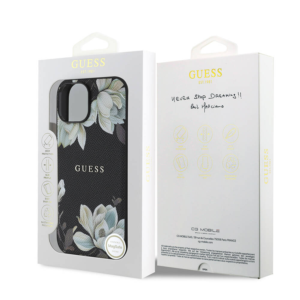 Apple iPhone 15 Kılıf Guess Orjinal Lisanslı M-safe Şarj Özellikli Taneli Çiçek Tasarımlı Metal Yazı Logolu Kapak - 17