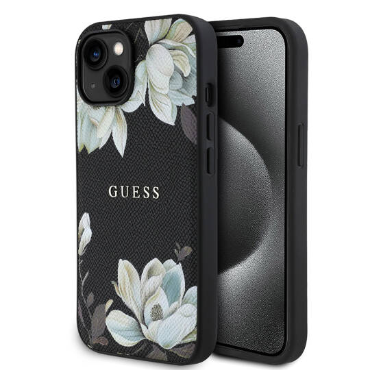 Apple iPhone 15 Kılıf Guess Orjinal Lisanslı M-safe Şarj Özellikli Taneli Çiçek Tasarımlı Metal Yazı Logolu Kapak - 2