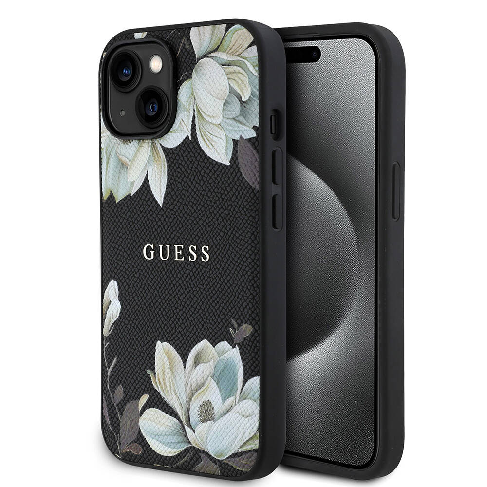 Apple iPhone 15 Kılıf Guess Orjinal Lisanslı M-safe Şarj Özellikli Taneli Çiçek Tasarımlı Metal Yazı Logolu Kapak - 2