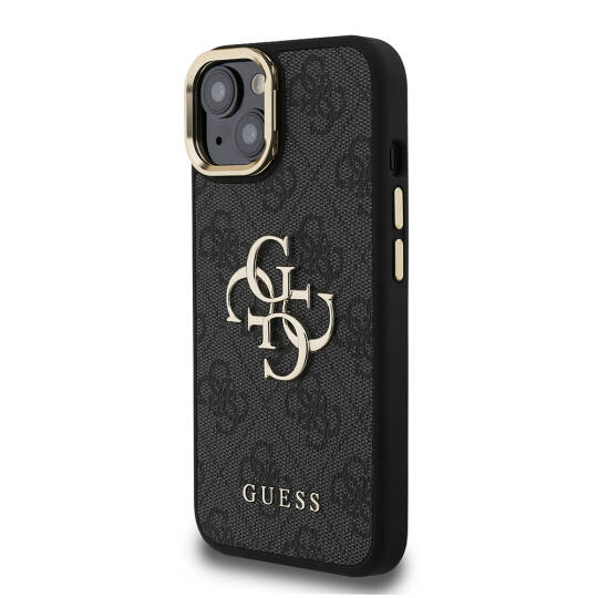 Apple iPhone 15 Kılıf Guess Orjinal Lisanslı PU Deri 4G Desenli Metal Büyük 4G ve Yazı Logolu Kamera Standlı Kapak - 6