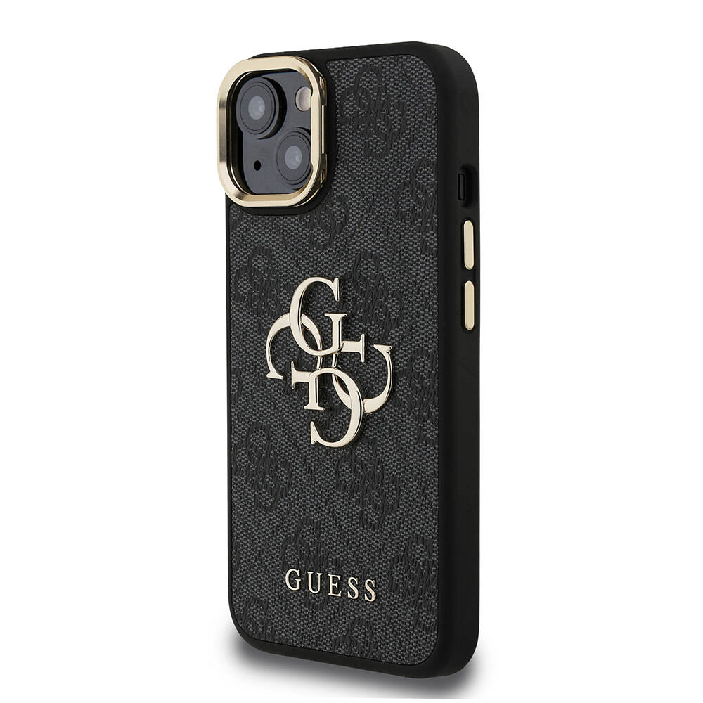 Apple iPhone 15 Kılıf Guess Orjinal Lisanslı PU Deri 4G Desenli Metal Büyük 4G ve Yazı Logolu Kamera Standlı Kapak - 6