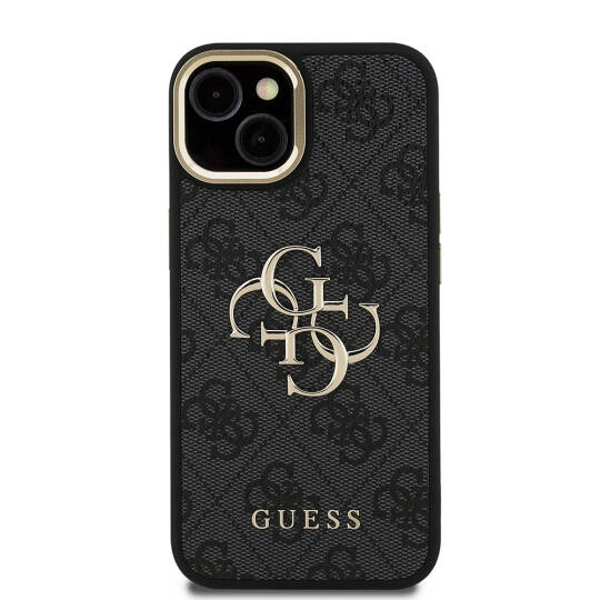 Apple iPhone 15 Kılıf Guess Orjinal Lisanslı PU Deri 4G Desenli Metal Büyük 4G ve Yazı Logolu Kamera Standlı Kapak - 7