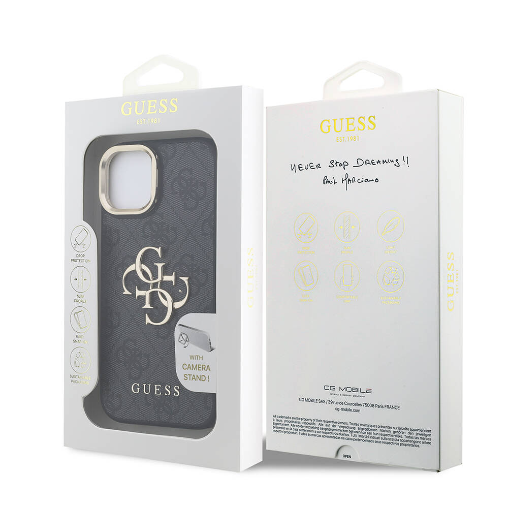 Apple iPhone 15 Kılıf Guess Orjinal Lisanslı PU Deri 4G Desenli Metal Büyük 4G ve Yazı Logolu Kamera Standlı Kapak - 12