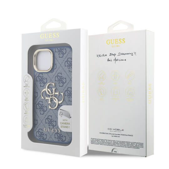 Apple iPhone 15 Kılıf Guess Orjinal Lisanslı PU Deri 4G Desenli Metal Büyük 4G ve Yazı Logolu Kamera Standlı Kapak - 19