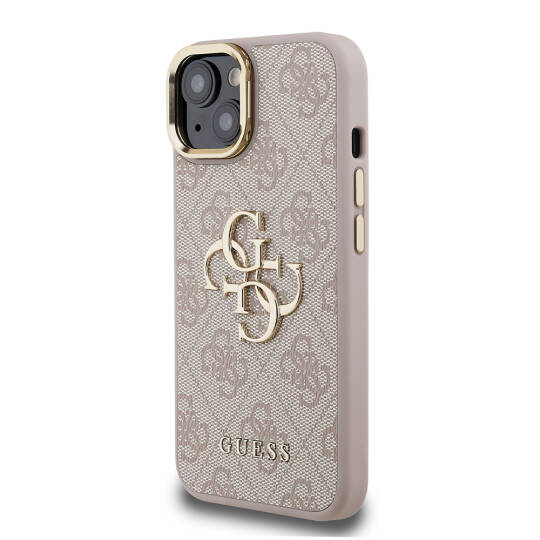 Apple iPhone 15 Kılıf Guess Orjinal Lisanslı PU Deri 4G Desenli Metal Büyük 4G ve Yazı Logolu Kamera Standlı Kapak - 20