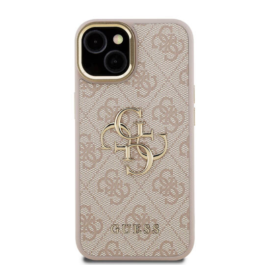 Apple iPhone 15 Kılıf Guess Orjinal Lisanslı PU Deri 4G Desenli Metal Büyük 4G ve Yazı Logolu Kamera Standlı Kapak - 21