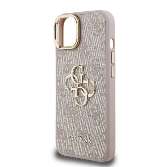 Apple iPhone 15 Kılıf Guess Orjinal Lisanslı PU Deri 4G Desenli Metal Büyük 4G ve Yazı Logolu Kamera Standlı Kapak - 24