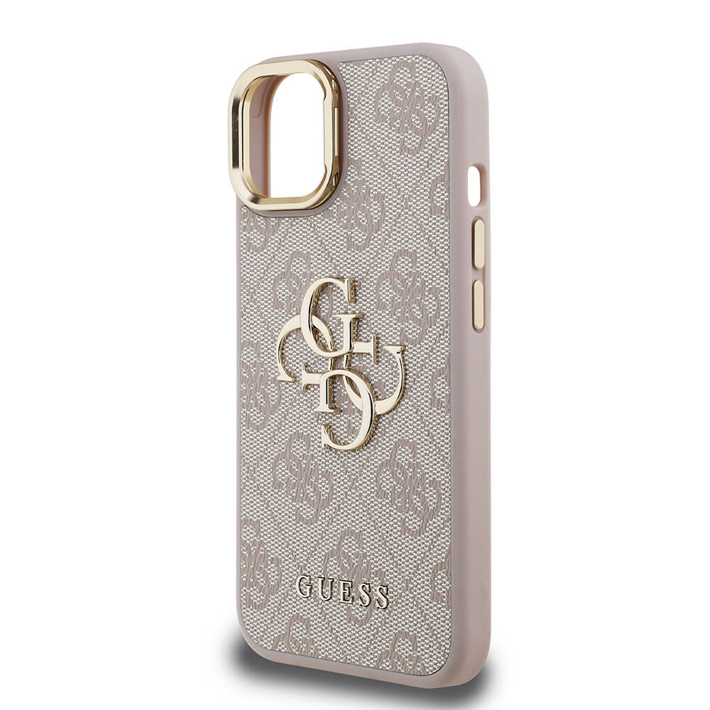 Apple iPhone 15 Kılıf Guess Orjinal Lisanslı PU Deri 4G Desenli Metal Büyük 4G ve Yazı Logolu Kamera Standlı Kapak - 24