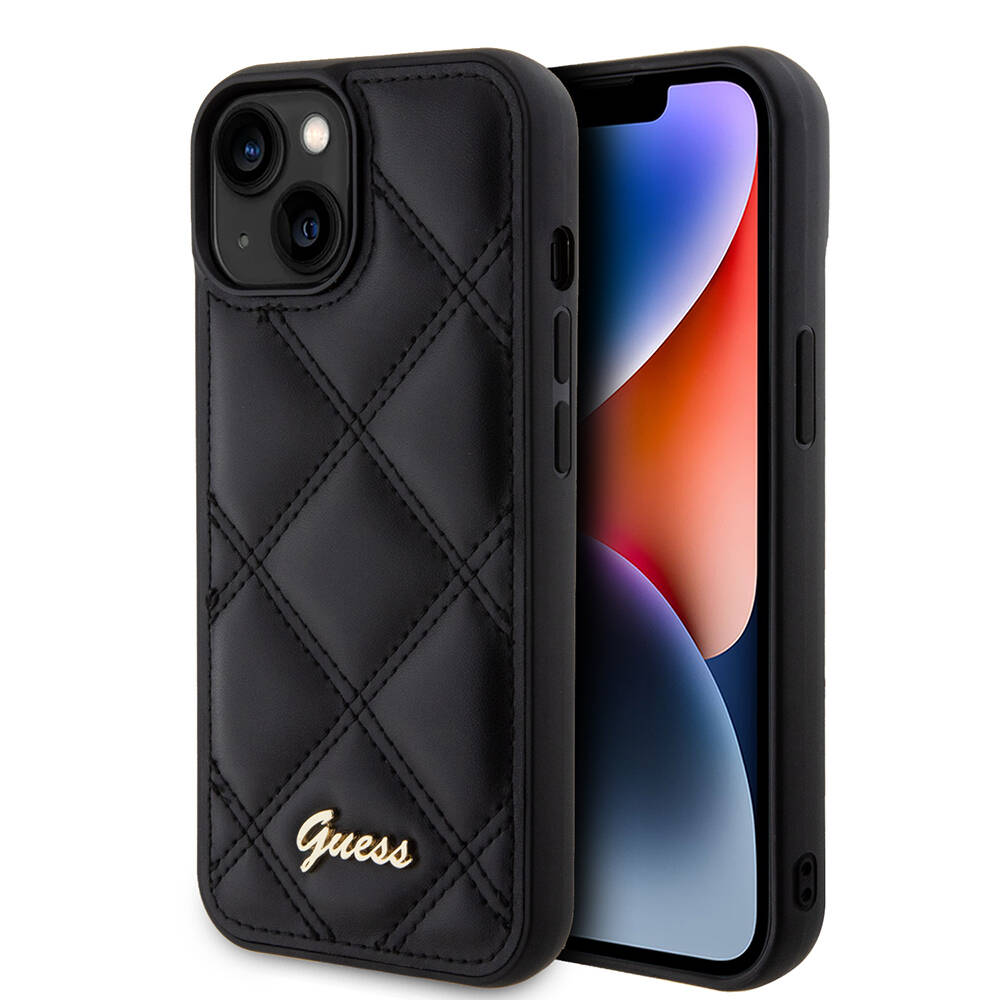 Apple iPhone 15 Kılıf Guess Orjinal Lisanslı PU Deri Metal Yazı Logolu Kapitone Kapak - 2