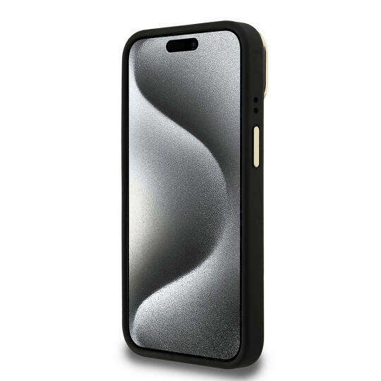 Apple iPhone 15 Kılıf Guess Orjinal Lisanslı PU Deri Taşlı Üçgen Logo 4G Desenli Kamera Standlı Kapak - 8