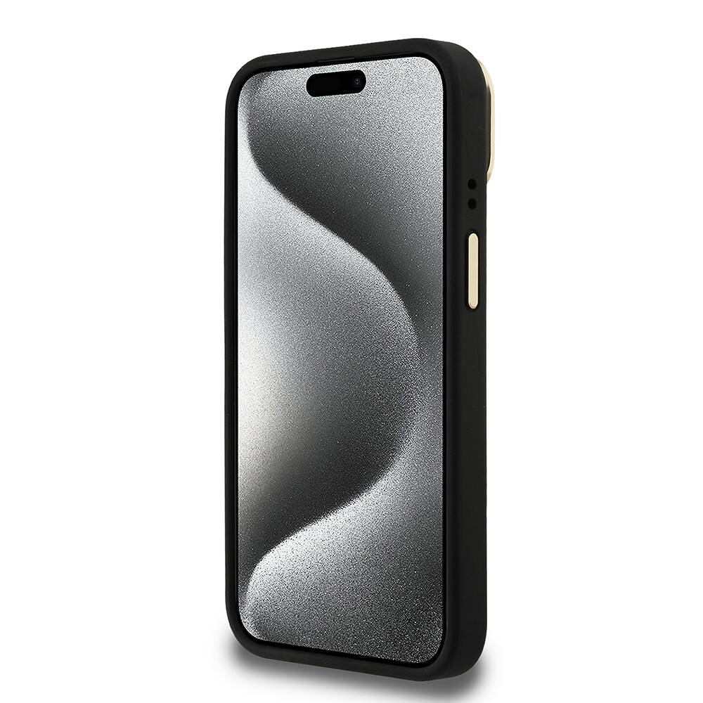 Apple iPhone 15 Kılıf Guess Orjinal Lisanslı PU Deri Taşlı Üçgen Logo 4G Desenli Kamera Standlı Kapak - 8