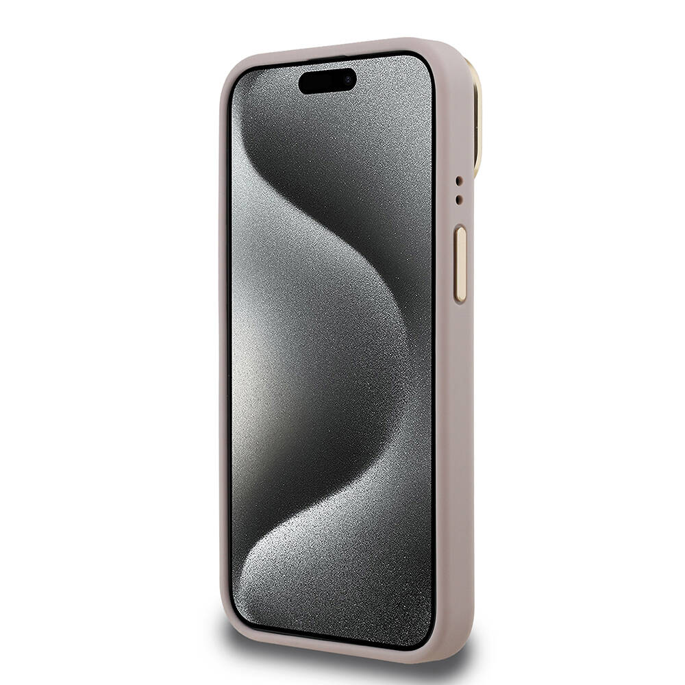 Apple iPhone 15 Kılıf Guess Orjinal Lisanslı PU Deri Taşlı Üçgen Logo 4G Desenli Kamera Standlı Kapak - 15