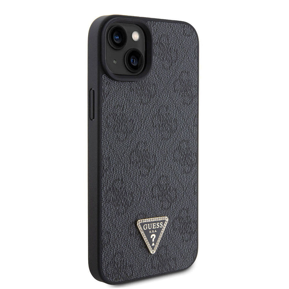 Apple iPhone 15 Kılıf Guess Orjinal Lisanslı PU Deri Taşlı Üçgen Logo 4G Desenli Strass Kapak - 23