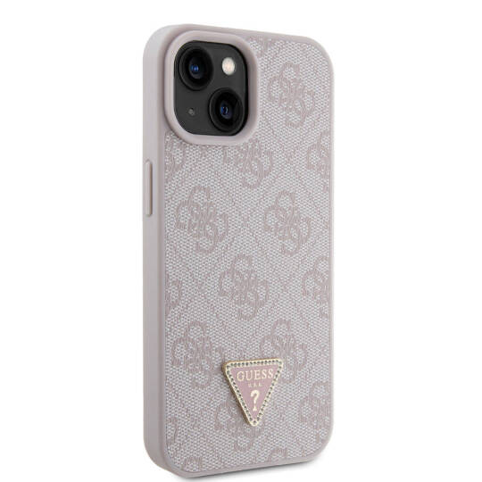 Apple iPhone 15 Kılıf Guess Orjinal Lisanslı PU Deri Taşlı Üçgen Logo 4G Desenli Strass Kapak - 22