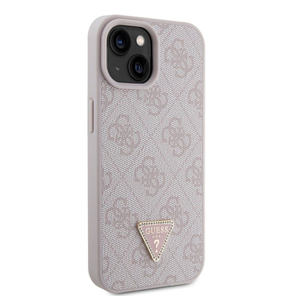 Apple iPhone 15 Kılıf Guess Orjinal Lisanslı PU Deri Taşlı Üçgen Logo 4G Desenli Strass Kapak - 22