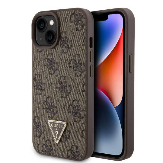 Apple iPhone 15 Kılıf Guess Orjinal Lisanslı PU Deri Taşlı Üçgen Logo 4G Desenli Strass Kapak - 14