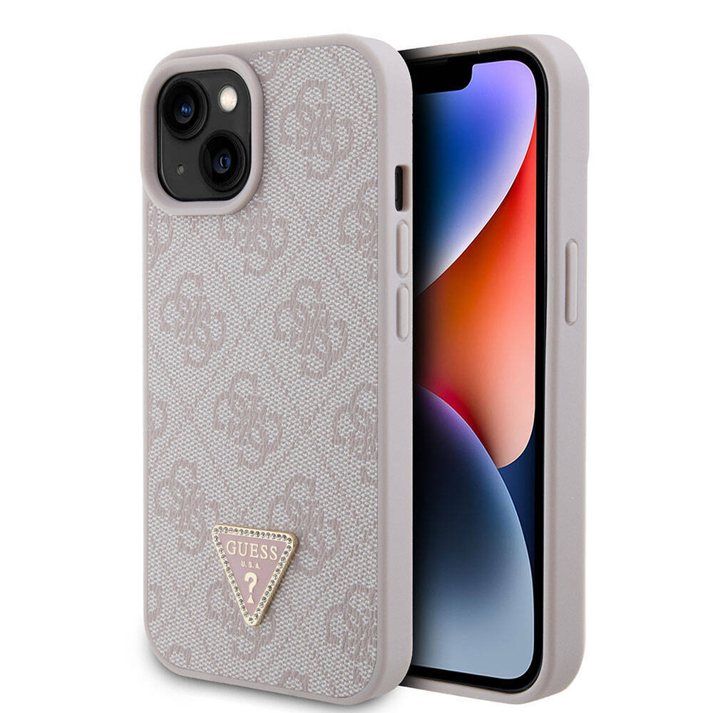 Apple iPhone 15 Kılıf Guess Orjinal Lisanslı PU Deri Taşlı Üçgen Logo 4G Desenli Strass Kapak - 15