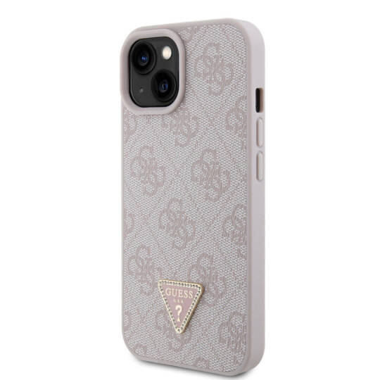 Apple iPhone 15 Kılıf Guess Orjinal Lisanslı PU Deri Taşlı Üçgen Logo 4G Desenli Strass Kapak - 16