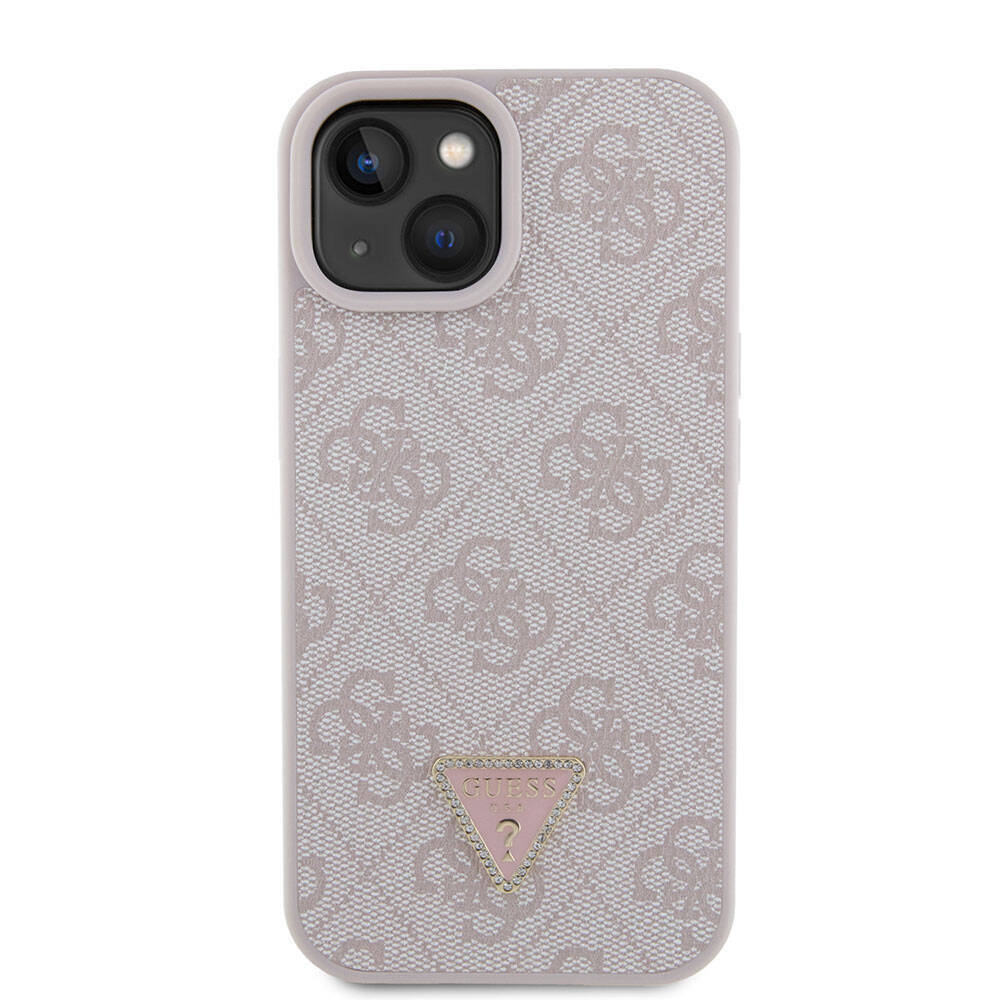 Apple iPhone 15 Kılıf Guess Orjinal Lisanslı PU Deri Taşlı Üçgen Logo 4G Desenli Strass Kapak - 17