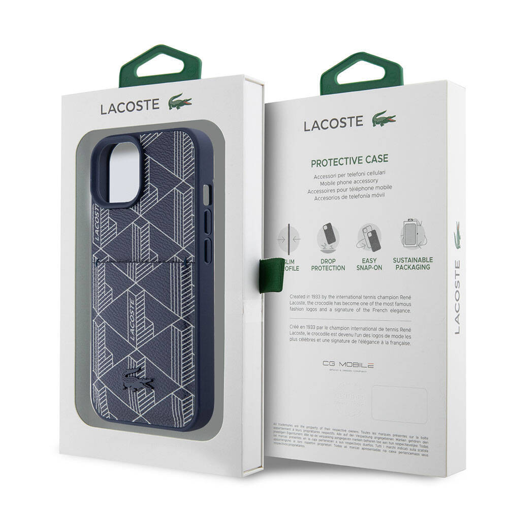 Apple iPhone 15 Kılıf Lacoste Orjinal Lisanslı M-safe Şarj Özellikli PU Deri Görünümlü Kartlıklı Karışık Monogram Desenli Kapak - 10