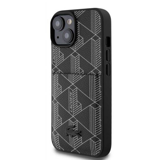 Apple iPhone 15 Kılıf Lacoste Orjinal Lisanslı M-safe Şarj Özellikli PU Deri Görünümlü Kartlıklı Karışık Monogram Desenli Kapak - 11