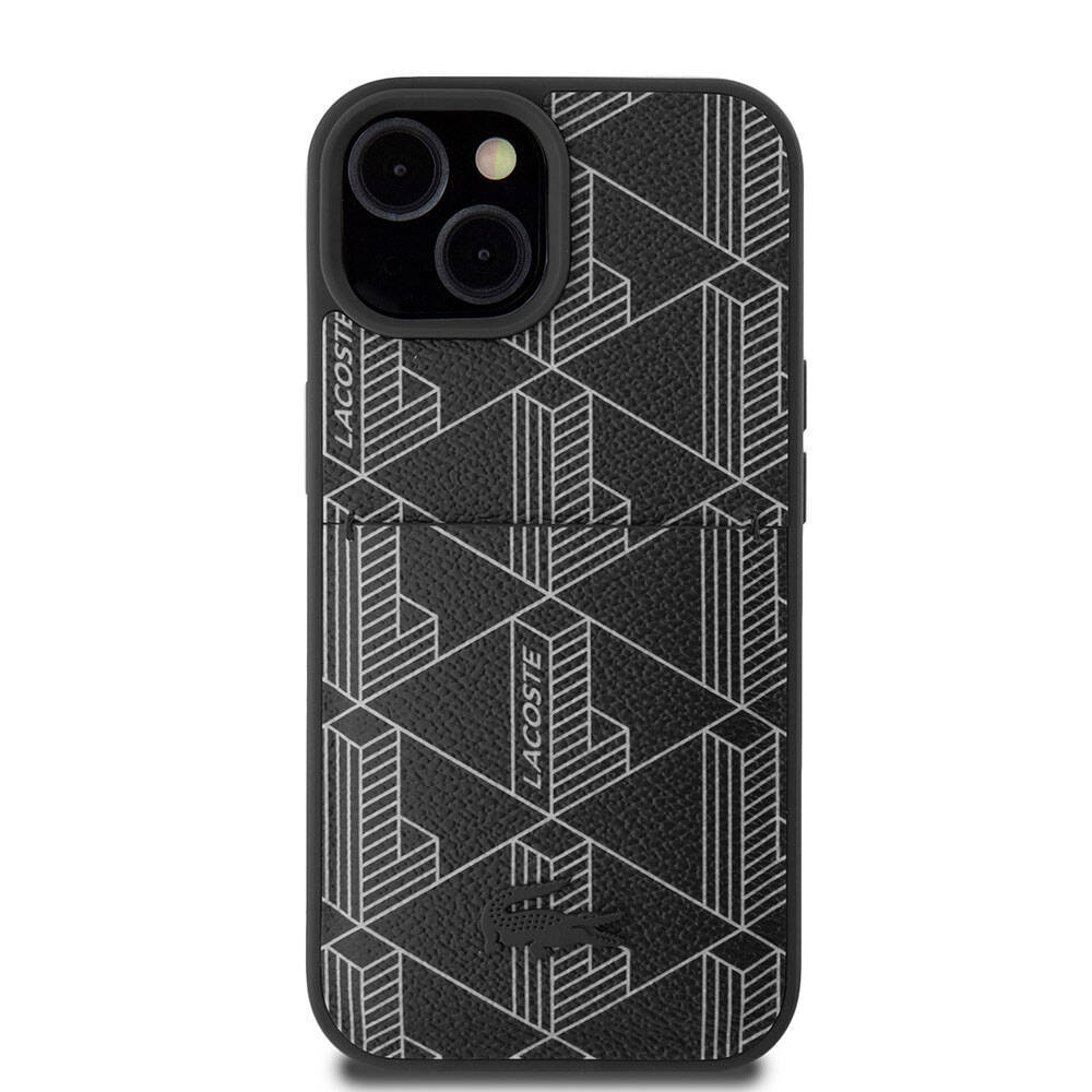 Apple iPhone 15 Kılıf Lacoste Orjinal Lisanslı M-safe Şarj Özellikli PU Deri Görünümlü Kartlıklı Karışık Monogram Desenli Kapak - 12