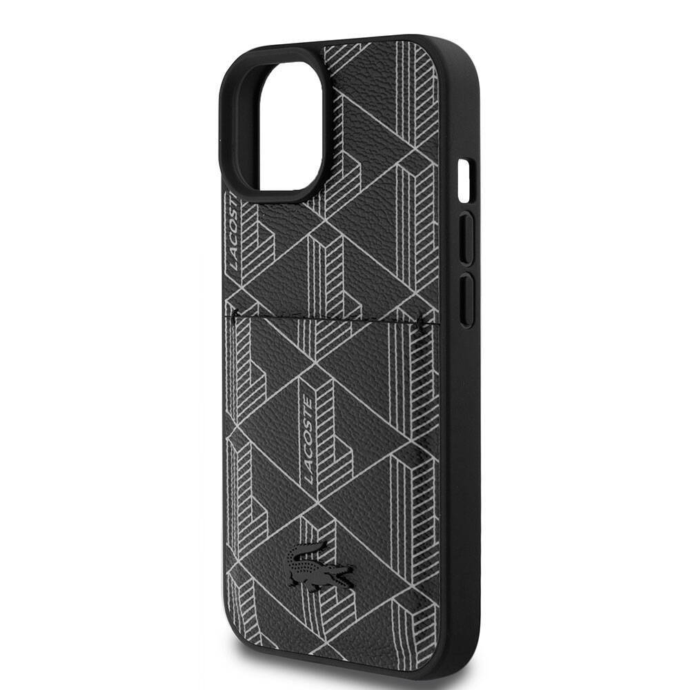 Apple iPhone 15 Kılıf Lacoste Orjinal Lisanslı M-safe Şarj Özellikli PU Deri Görünümlü Kartlıklı Karışık Monogram Desenli Kapak - 15