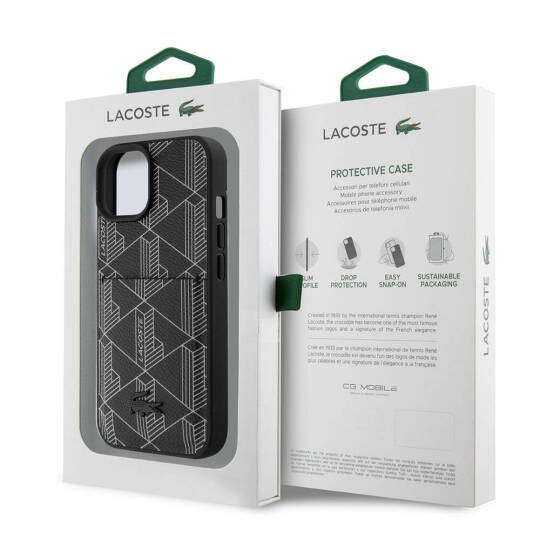 Apple iPhone 15 Kılıf Lacoste Orjinal Lisanslı M-safe Şarj Özellikli PU Deri Görünümlü Kartlıklı Karışık Monogram Desenli Kapak - 17