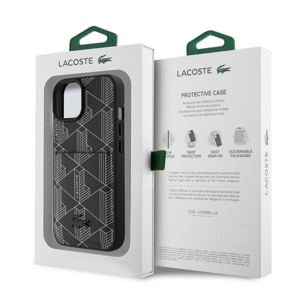Apple iPhone 15 Kılıf Lacoste Orjinal Lisanslı M-safe Şarj Özellikli PU Deri Görünümlü Kartlıklı Karışık Monogram Desenli Kapak - 17